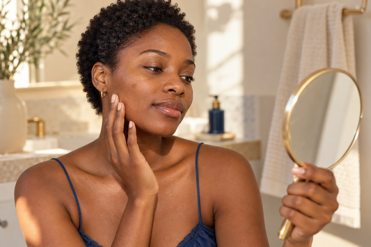 Jeune femme à la peau noire observant dans un miroir une petite marque brune laissée par un ancien bouton