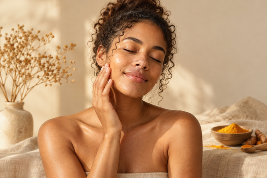 Jeune femme métisse souriante, peau lumineuse, routine douce au curcuma
