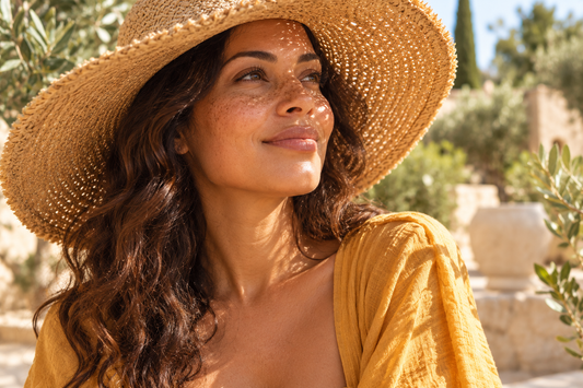 Femme à la peau métissée claire avec un chapeau de paille, protégeant son visage du soleil