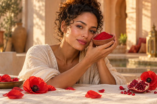 Femme à la peau métissée au teint lumineux, entourée de pétales de coquelicot et d'une coupelle de poudre rouge d'aker fassi